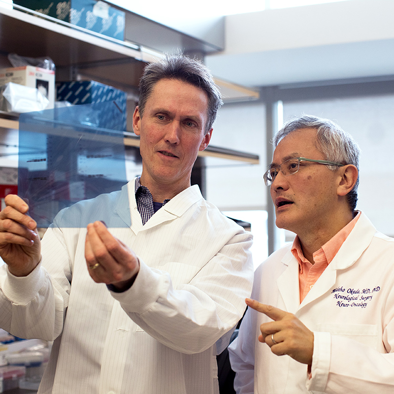 Joseph Costello and Hideho Okada examine a western blot in the lab