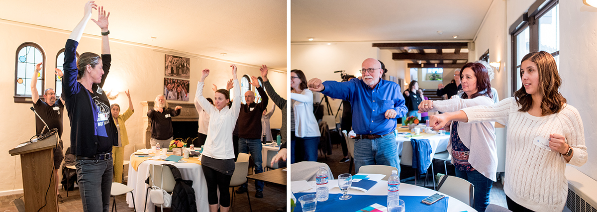 UCSF exercise physiologist Regan Fedric leads caregivers through simple exercises at the annual Caregiver Retreat