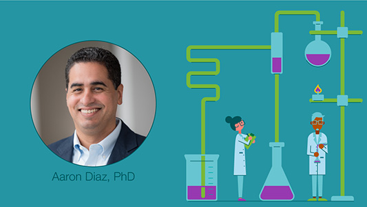 Graphic showing a headshot photo of BTC principal investigator Aaron Diaz, PhD, next to a cartoon illustration of two scientists surrounded by beakers