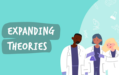 Graphic showing cartoon illustrations of three scientists with text that says Expanding Theories.