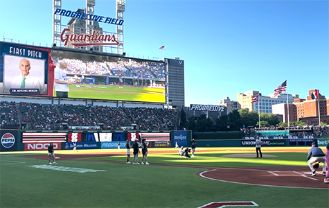 UCSF Brain Tumor Center Dr. Mitch Berger getting ready to throw the ceremonial first pitch at the Cleveland Guardians game. 