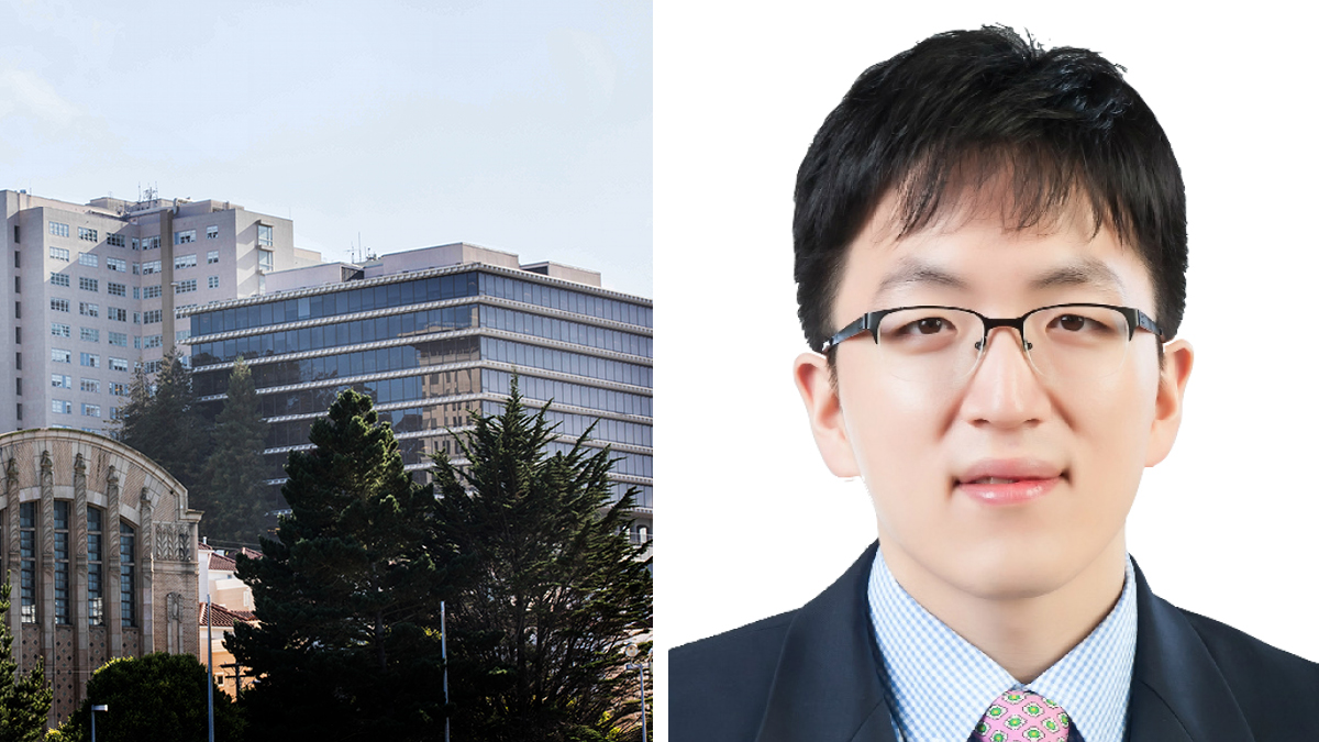 Two panel photo showing a view of Medical Building 1 on the UCSF Parnassus Height campus next to a photo of UCSF neuro-oncologist Brian Na, MD, PhD