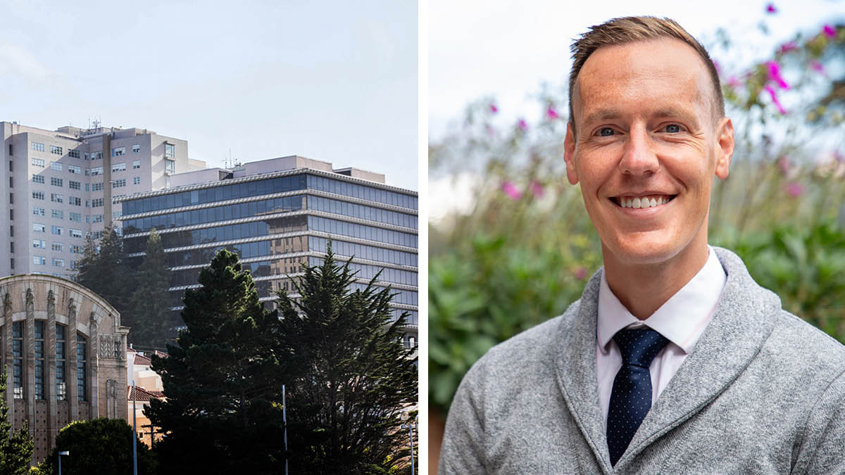 Two-panel graphic showing a photo of the Medical Building 1 on UCSF's Parnassus Heights campus (left) next to a headshot photo of UCSF neuro-oncologist Thomas Nelson, MD