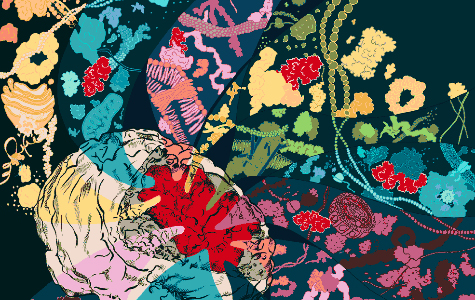 Illustration depicting various proteins and parts of a cell coming out from a brain tumor.