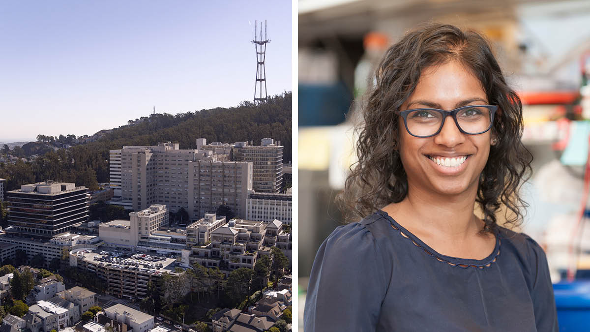 Two-panel image showing a photo of UCSF's Parnassus Heights (left) and a photo of UCSF neuro-oncologist Maya Graham, MD, PhD. 