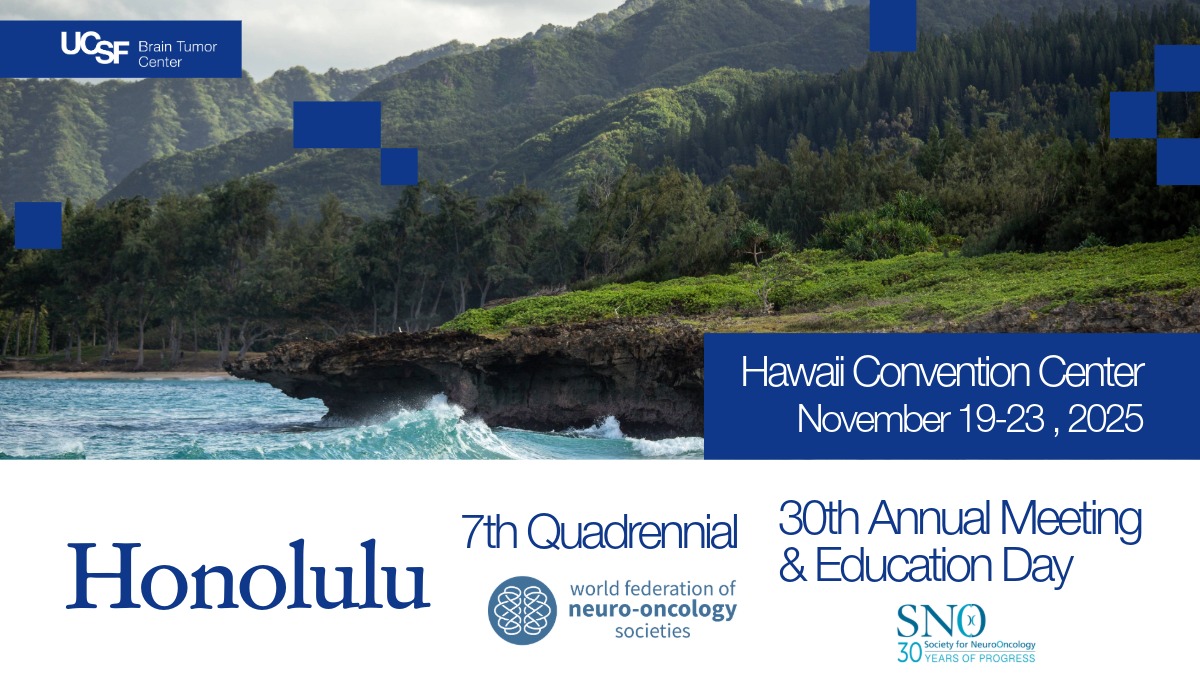 Graphic announcing the 7th Quadrennial Meeting of the World Federation of Neuro-Oncology Societies and the 30th Annual Meeting & Education Day of the Society for Neuro-Oncology that shows a beach in Hawaii.