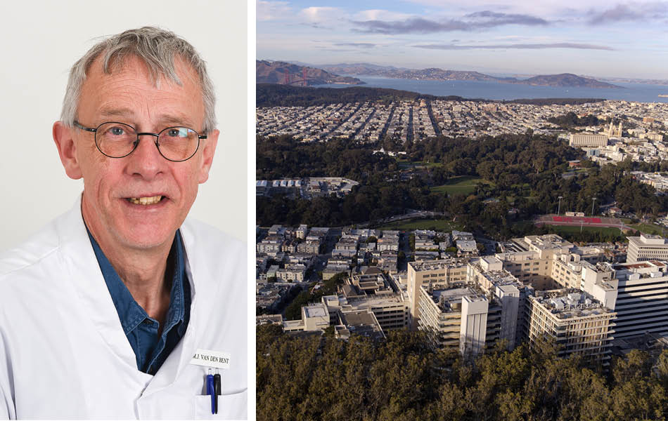 Two-panel collage that shows Martin van den Bent, MD, PhD, in a white lab coat on the left. On the right, an aerial view of UCSF's Parnassus Heights shows Golden Gate Park and a glimpse of the Golden Gate Bridge off in the distance.