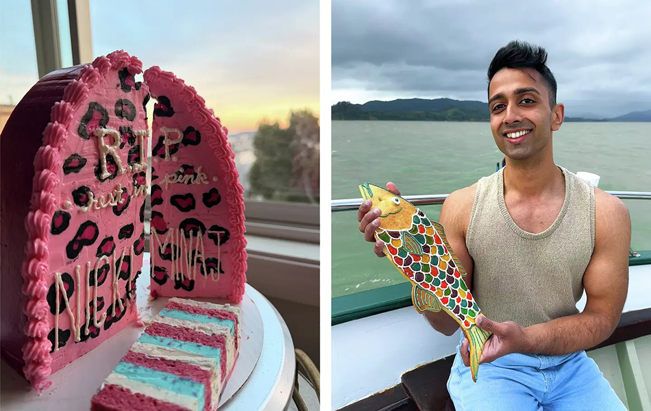 Side-by-side images a pink cake (left) and UCSF brain tumor scientist Meeki Lad on a boat holding a cake shaped like a fish (right).