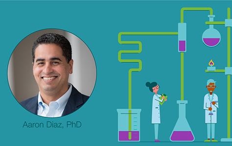 Graphic showing a headshot photo of BTC principal investigator Aaron Diaz, PhD, next to a cartoon illustration of two scientists surrounded by beakers