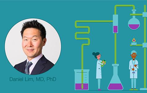 Graphic showing a headshot photo of UCSF neurosurgeon Daniel Lim, MD, PhD next to a cartoon illustration of two scientists surrounded by beakers and flasks
