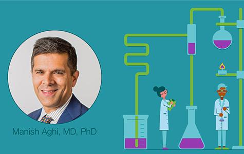 Graphic showing a headshot photo of Manish Aghi, MD, PhD, next to a cartoon illustration of two scientists surrounded by beakers and flasks