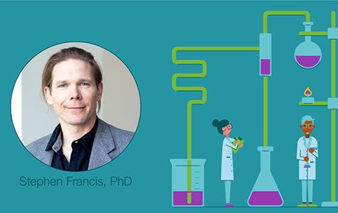 Graphic showing a photo of UCSF Brain Tumor Center principal investigator Stephen Francis, PhD, next to a cartoon illustration of two scientists surrounded by beakers