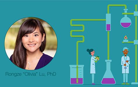 Graphic showing a headshot photo of Rongze Olivia Lu, PhD, next to a cartoon illustration of two scientists surrounded by beakers