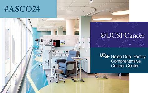 Graphic showing a stock image of clinic room with one text banner that says #ASCO2024 and other that says @UCSFCancer above the logo for the UCSF Helen Diller Family Comprehensive Cancer Center.