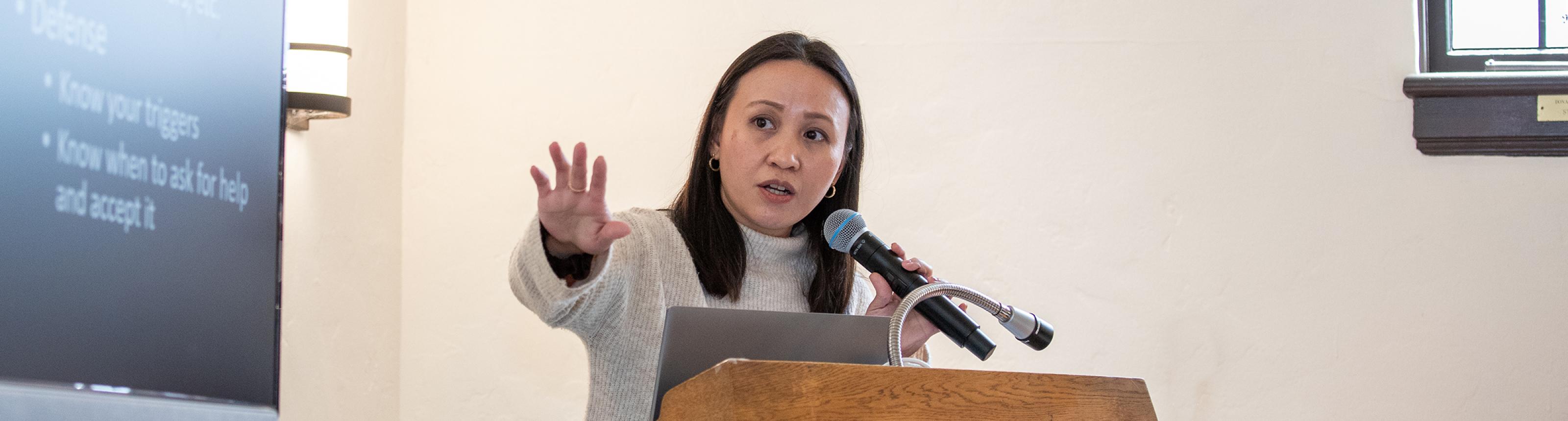 Cherrie Demayo, RN, speaking at the 2025 Caregiver Retreat.