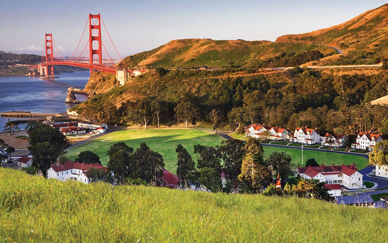 View of the Golden Gate Bridge from Cavallo Point in Sausalito, CA.